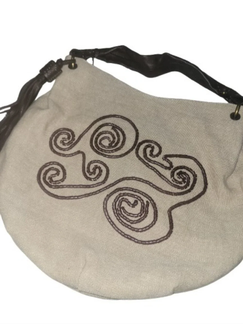 Kate Landry Beige Canvas Hobo with Dark Brown Trim and Tassel